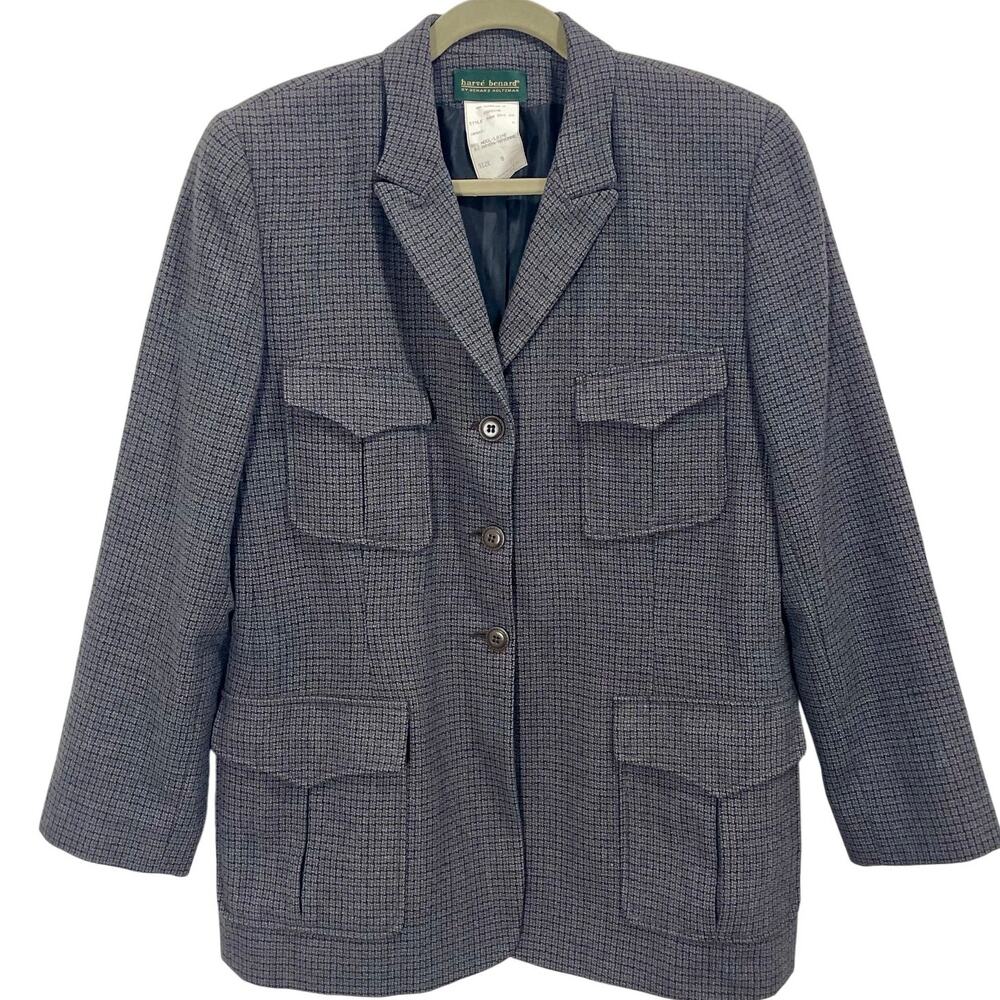 Vintage 80s Harve Bernard Wool Houndstooth Academia Blazer Sz 8 Elbow Patch